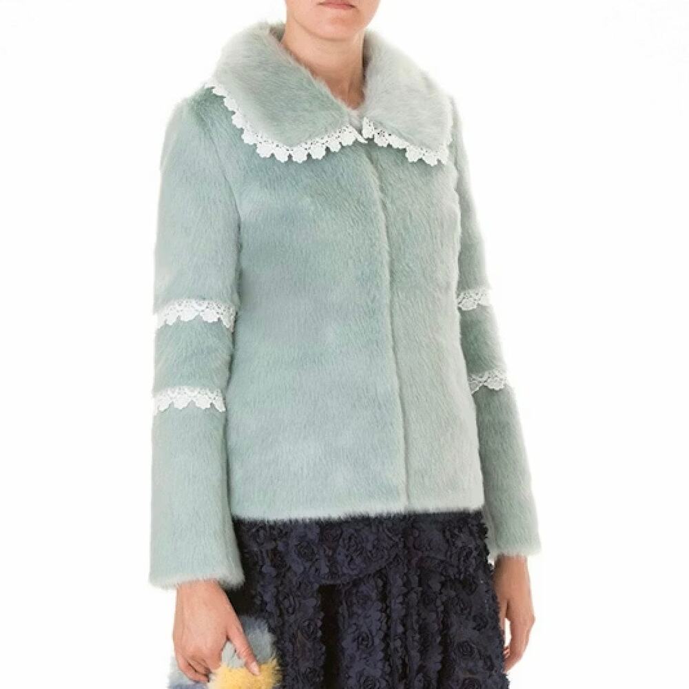 Shrimps Faux Fur Blue Short Coat with lace details sz Small